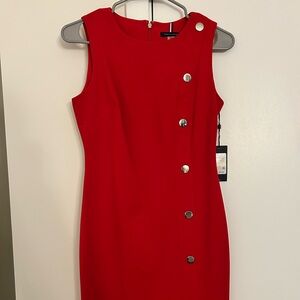 Tommy Hilfiger Bold Red Sleeveless Knee-Length Dress with Silver Buttons